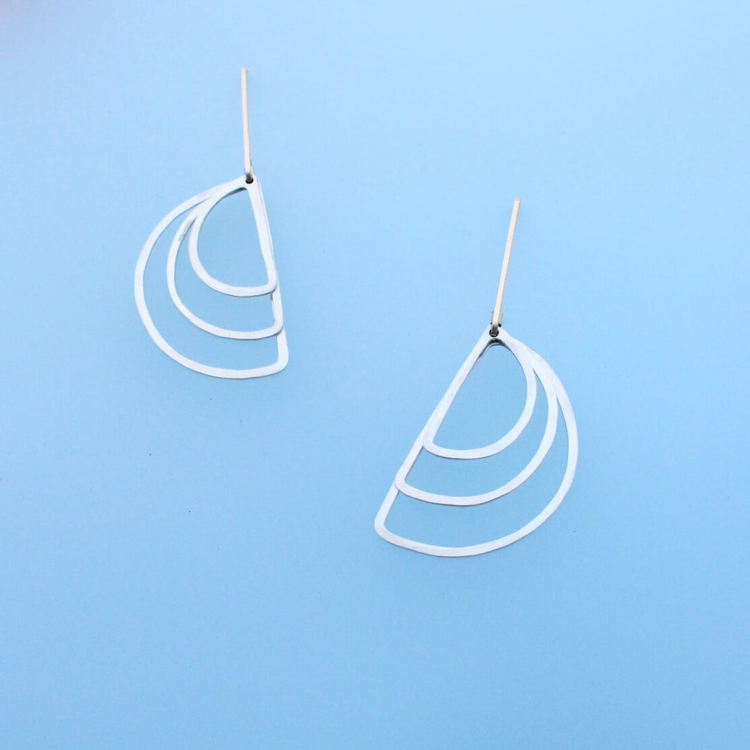 gold and silver dangle earrings with modern gold 1 inch ear wires and three silver semicircles